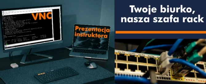 Szkolenie zdalne na fizycznym sprzęcie: po lewej biurko uczestnika z konsolą urządzenia i oknem prezentacji instruktora, po prawej przełącznik sieciowy z wpiętymi kablami w sali szkoleniowej.