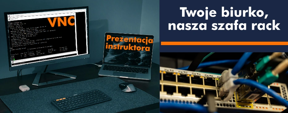 szkolenie-zdalne-fizyczny-sprzet-sieciowy Szkolenie zdalne na fizycznym sprzęcie: po lewej biurko uczestnika z konsolą urządzenia i oknem prezentacji instruktora, po prawej przełącznik sieciowy z wpiętymi kablami w sali szkoleniowej.