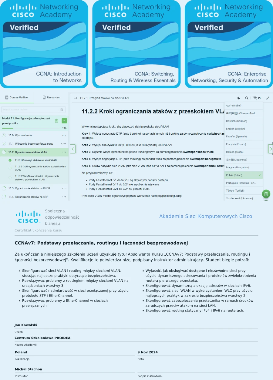 Certyfikat ukończenia szkolenia CCNA online wydawany przez Cisco Networking Academy — Centrum Szkoleniowe