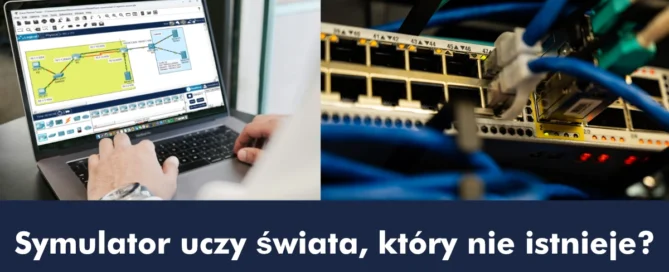 Symulator sieci Packet Tracer na ekranie laptopa na tle fizycznych przełączników Cisco w szafie rack