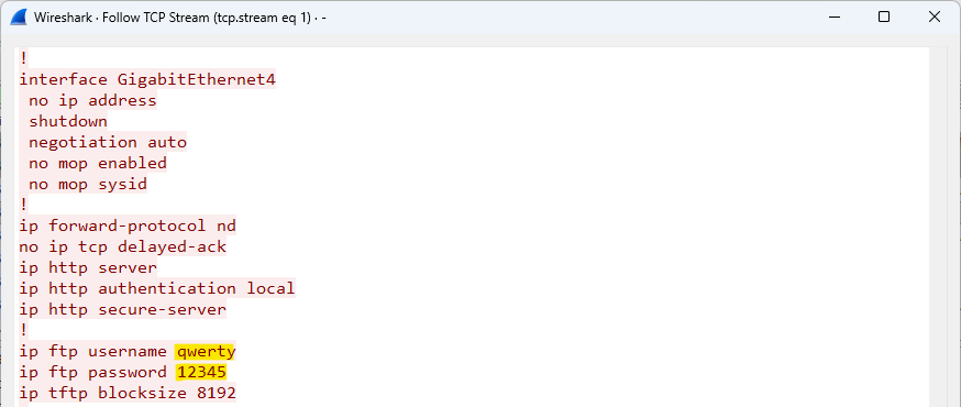 konfiguracja routera Cisco przesłana przez FTP, polecenie ip ftp password z hasłem widoczne jawnym tekstem w Wiresharku