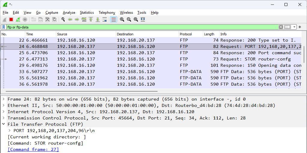 tryb aktywny FTP w Wiresharku, polecenie PORT z adresem i portem klienta